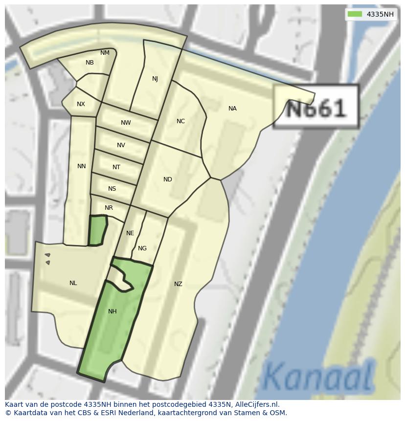 Afbeelding van het postcodegebied 4335 NH op de kaart.