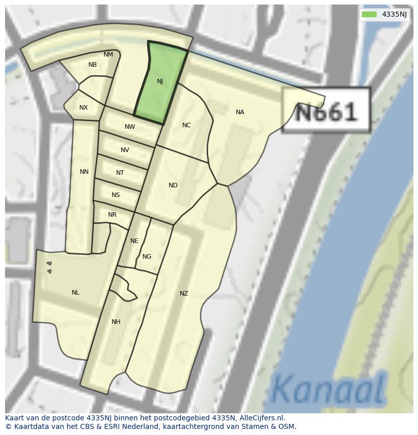 Afbeelding van het postcodegebied 4335 NJ op de kaart.