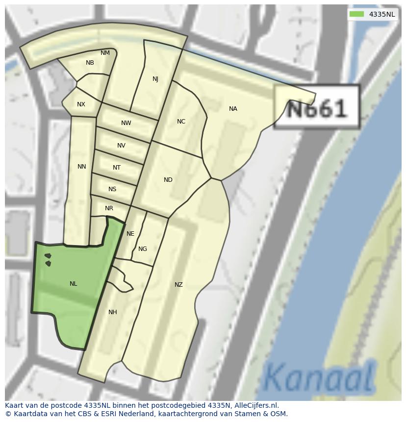 Afbeelding van het postcodegebied 4335 NL op de kaart.