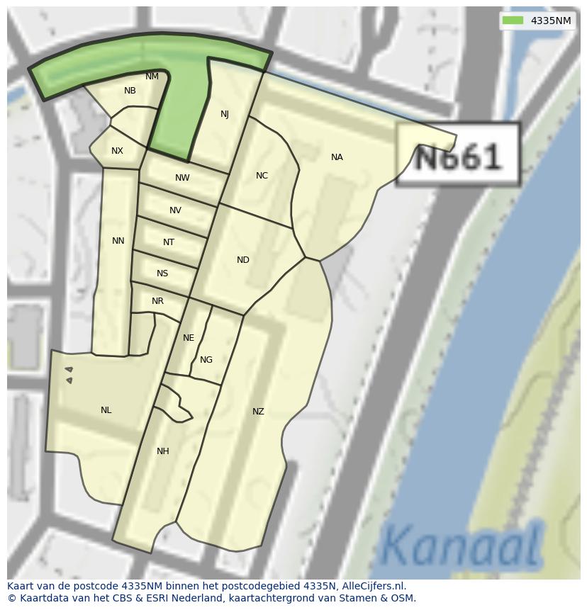 Afbeelding van het postcodegebied 4335 NM op de kaart.