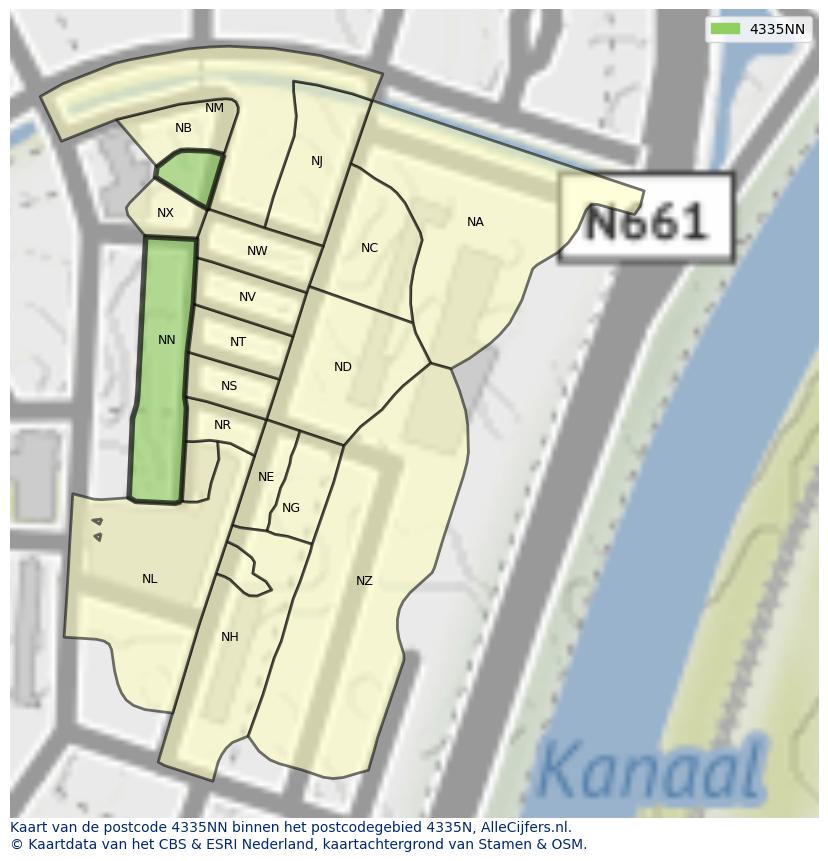 Afbeelding van het postcodegebied 4335 NN op de kaart.