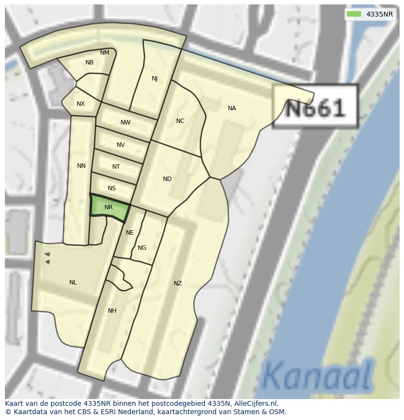 Afbeelding van het postcodegebied 4335 NR op de kaart.