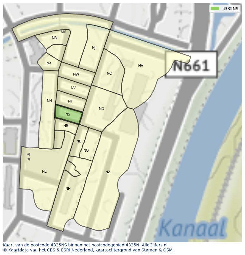 Afbeelding van het postcodegebied 4335 NS op de kaart.