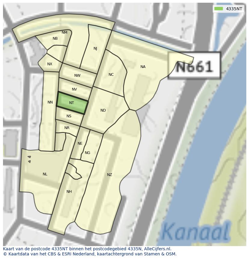 Afbeelding van het postcodegebied 4335 NT op de kaart.