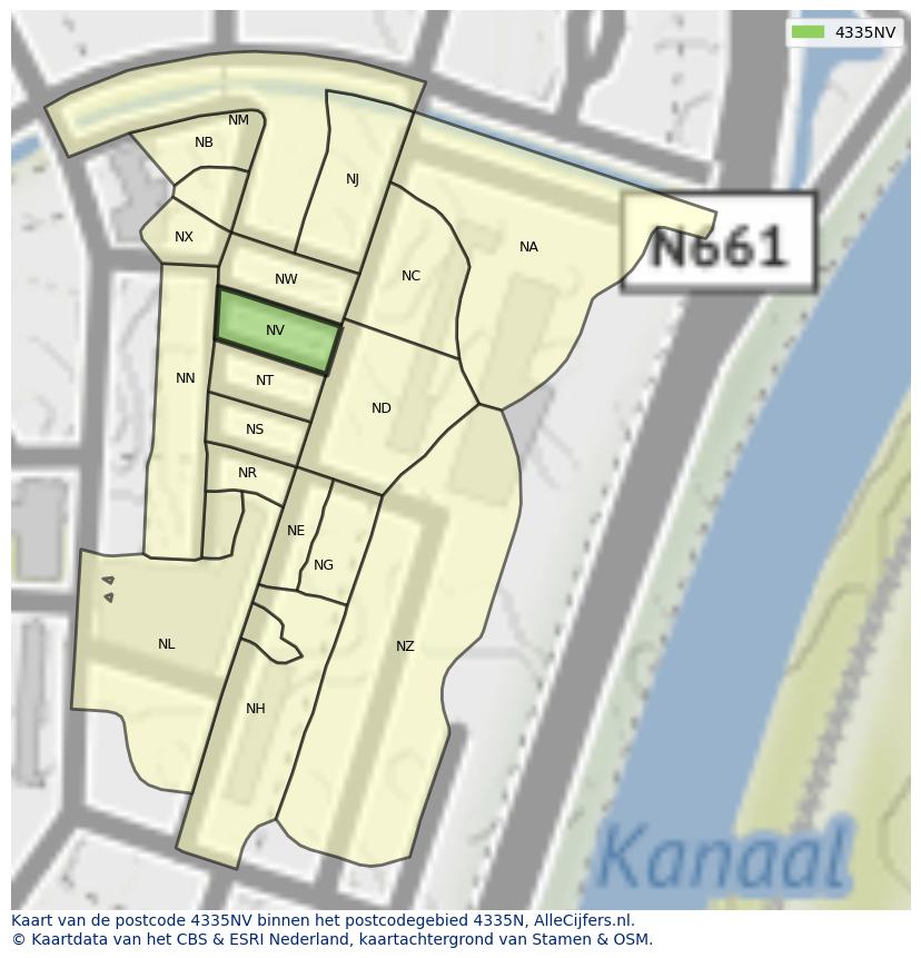 Afbeelding van het postcodegebied 4335 NV op de kaart.