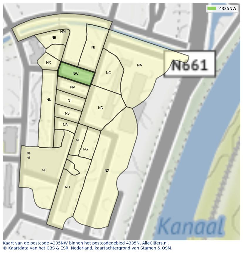 Afbeelding van het postcodegebied 4335 NW op de kaart.