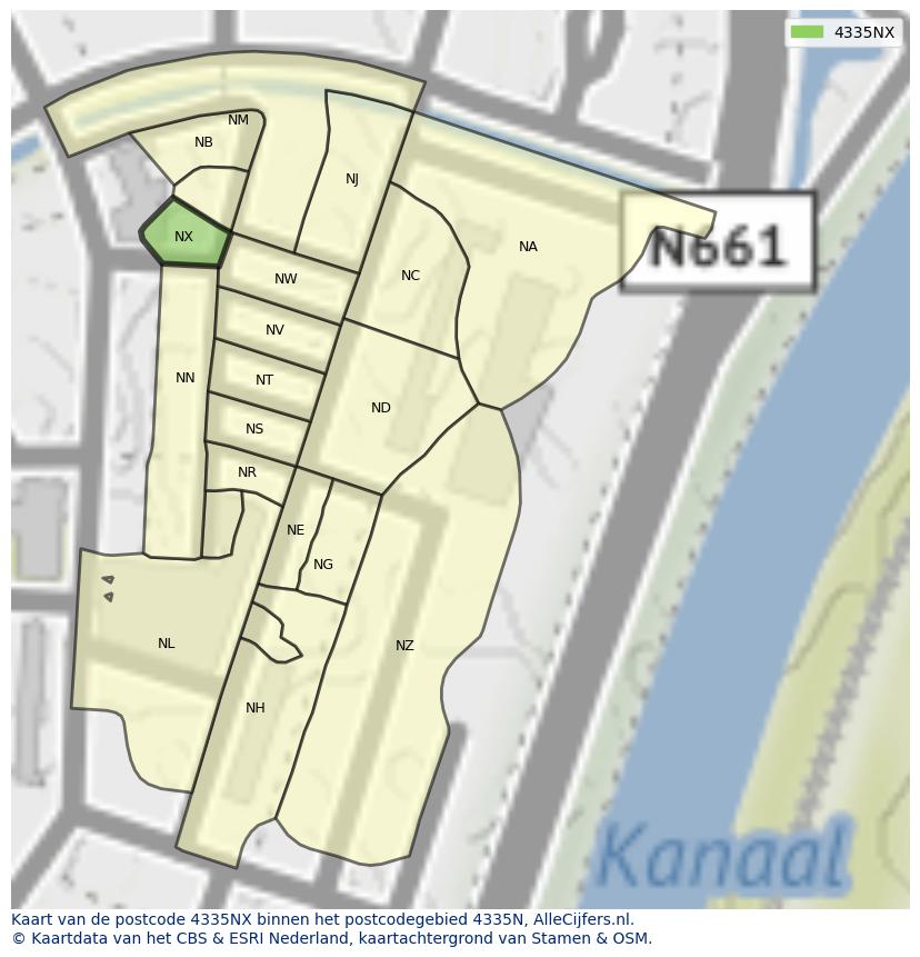 Afbeelding van het postcodegebied 4335 NX op de kaart.