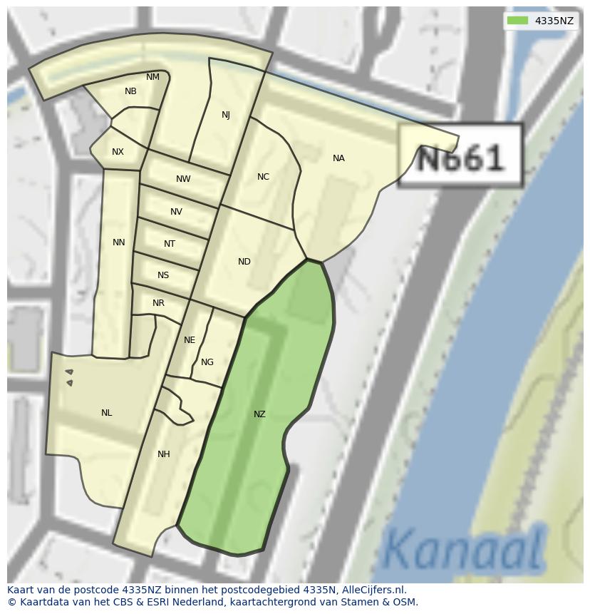 Afbeelding van het postcodegebied 4335 NZ op de kaart.