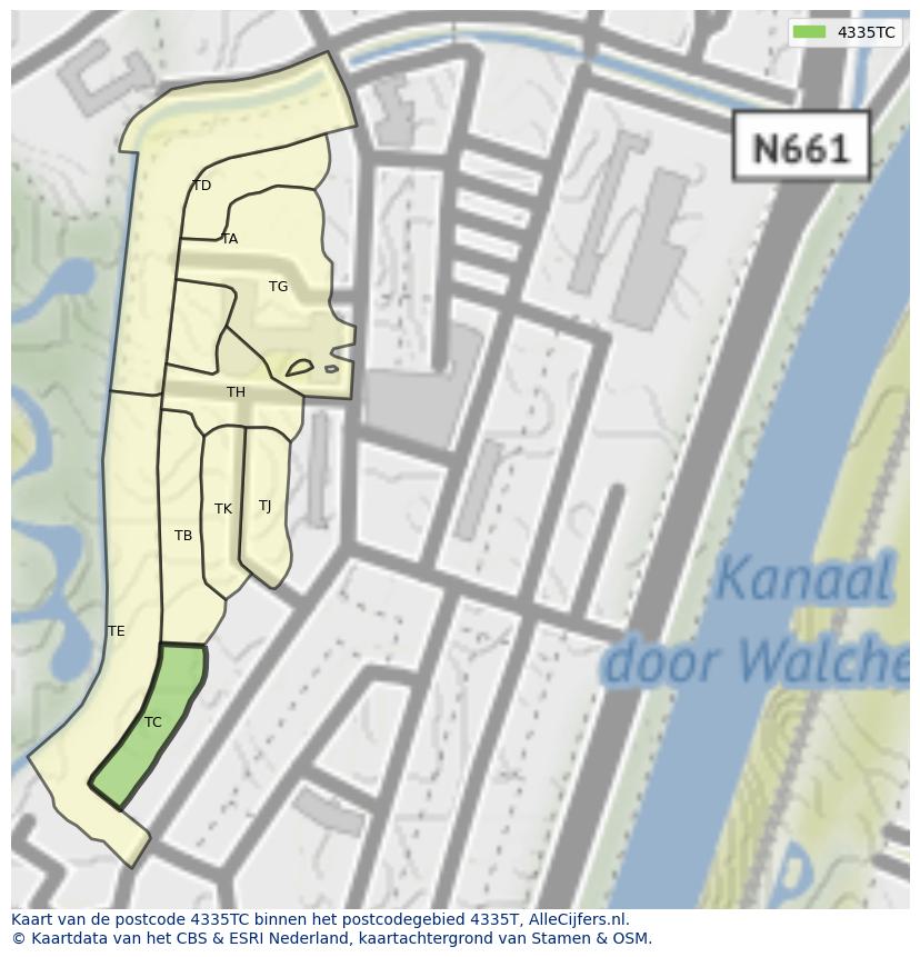 Afbeelding van het postcodegebied 4335 TC op de kaart.