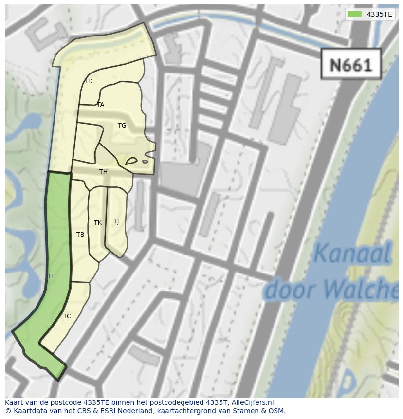 Afbeelding van het postcodegebied 4335 TE op de kaart.