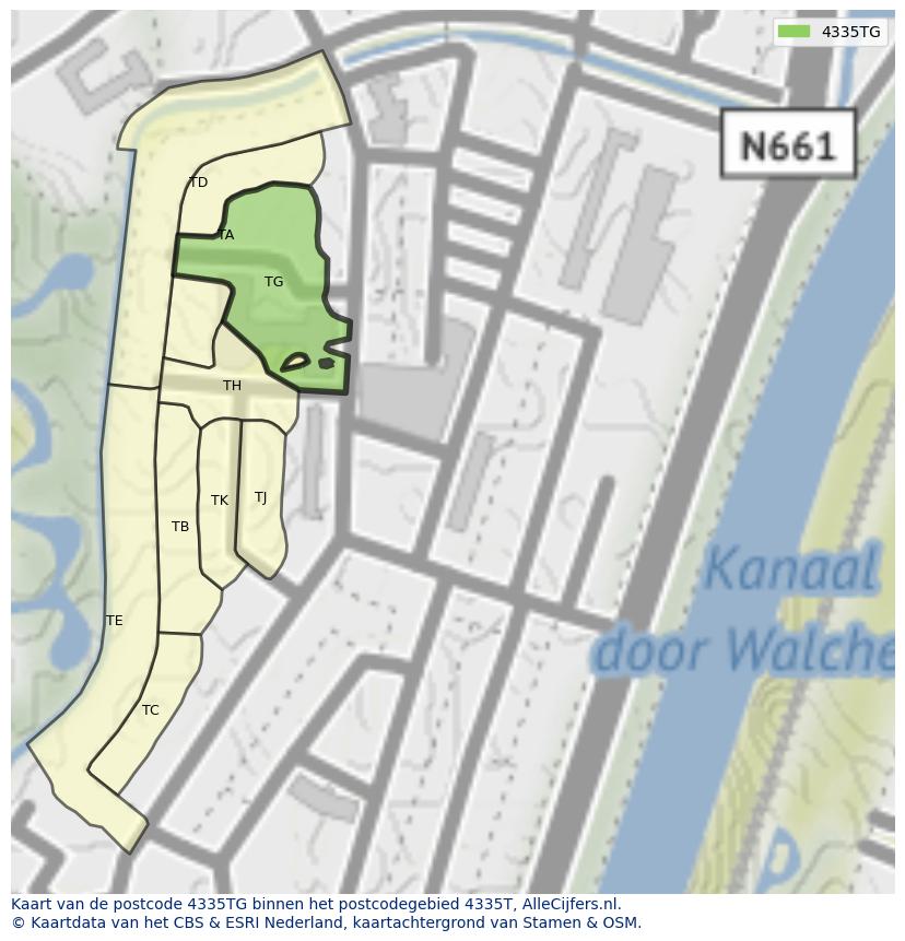 Afbeelding van het postcodegebied 4335 TG op de kaart.