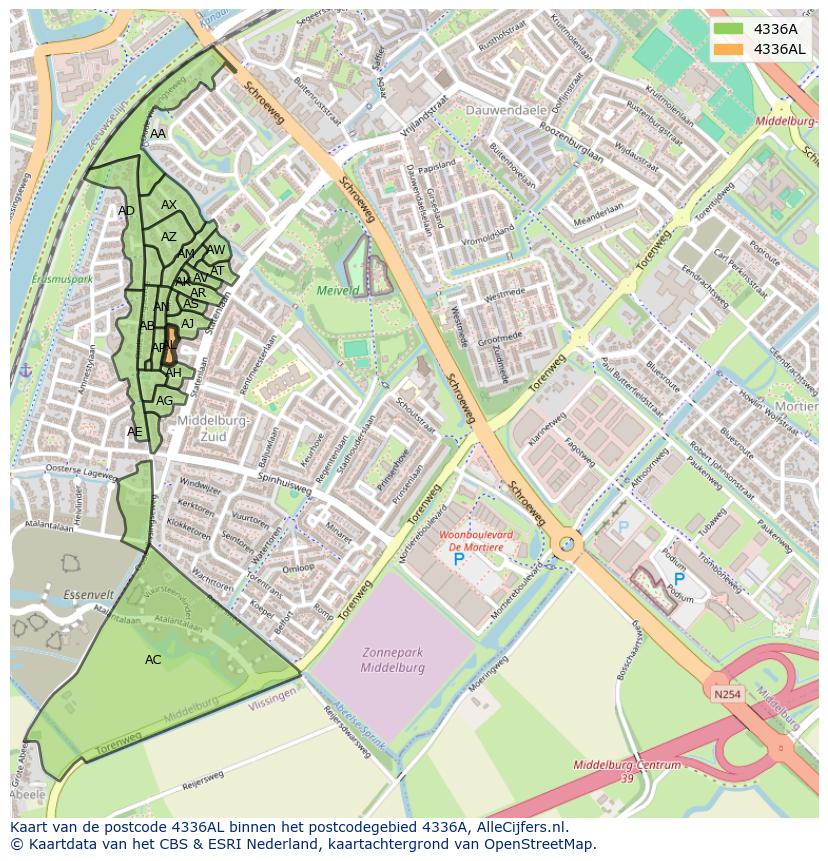 Afbeelding van het postcodegebied 4336 AL op de kaart.