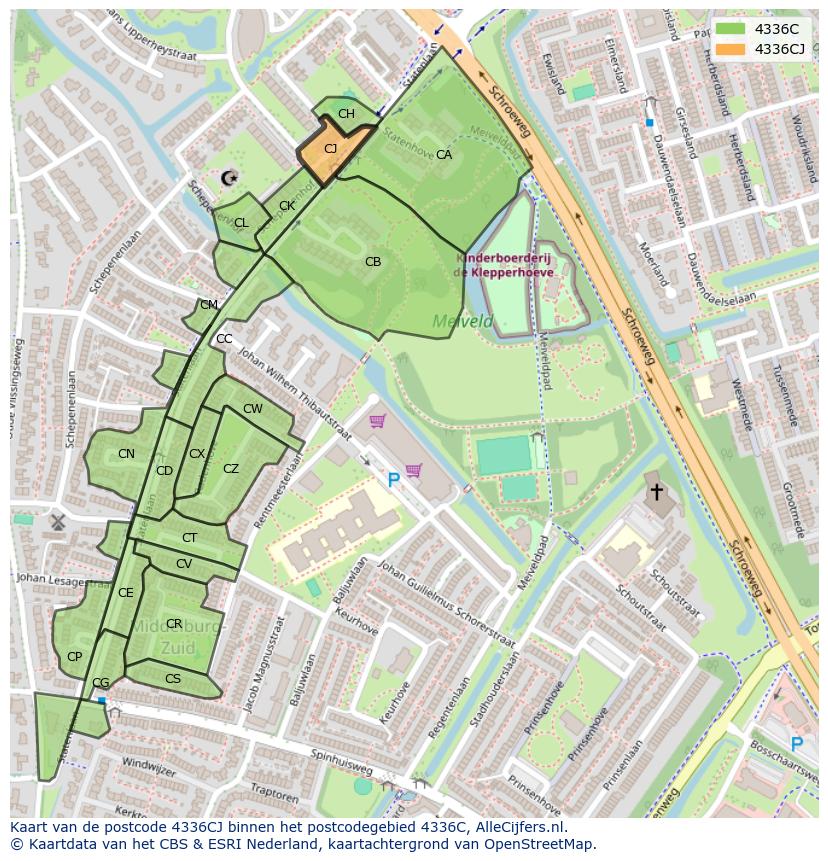 Afbeelding van het postcodegebied 4336 CJ op de kaart.