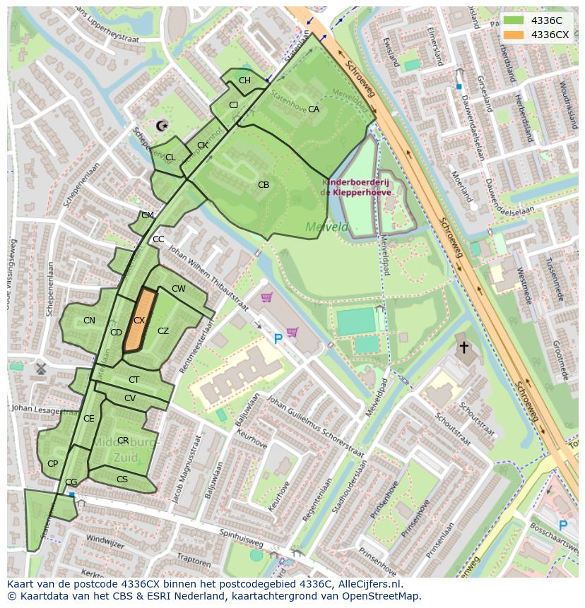 Afbeelding van het postcodegebied 4336 CX op de kaart.