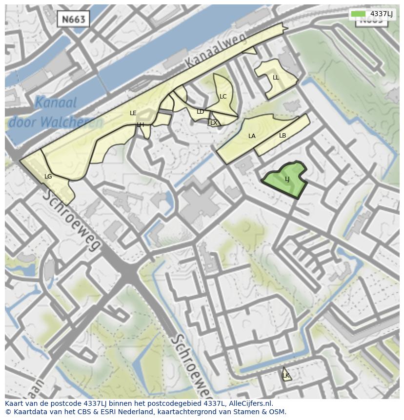 Afbeelding van het postcodegebied 4337 LJ op de kaart.