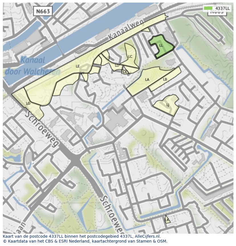 Afbeelding van het postcodegebied 4337 LL op de kaart.