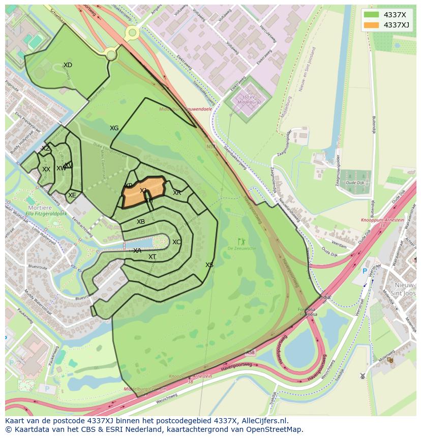 Afbeelding van het postcodegebied 4337 XJ op de kaart.