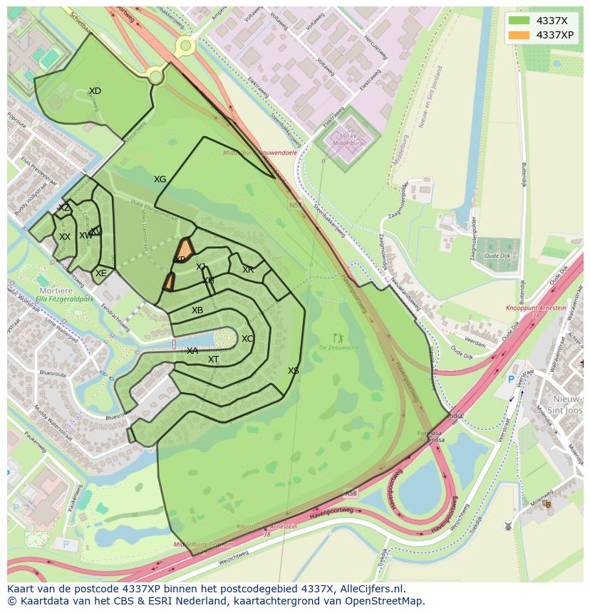Afbeelding van het postcodegebied 4337 XP op de kaart.