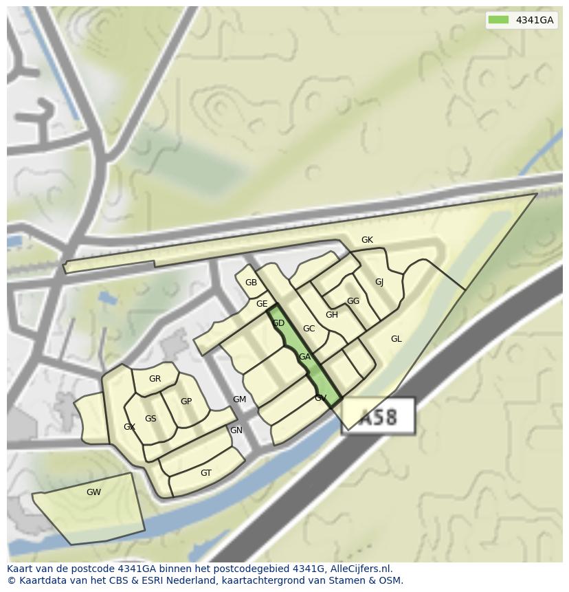 Afbeelding van het postcodegebied 4341 GA op de kaart.