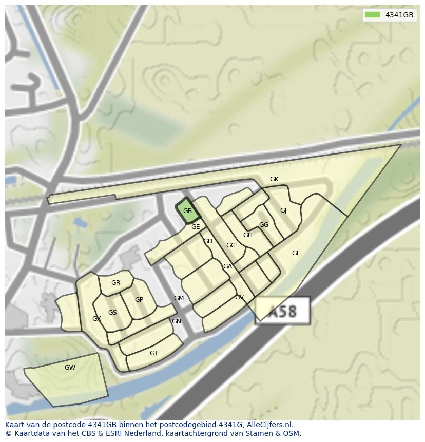 Afbeelding van het postcodegebied 4341 GB op de kaart.