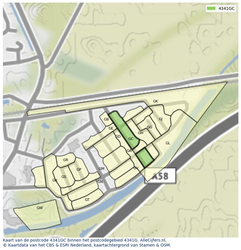 Afbeelding van het postcodegebied 4341 GC op de kaart.