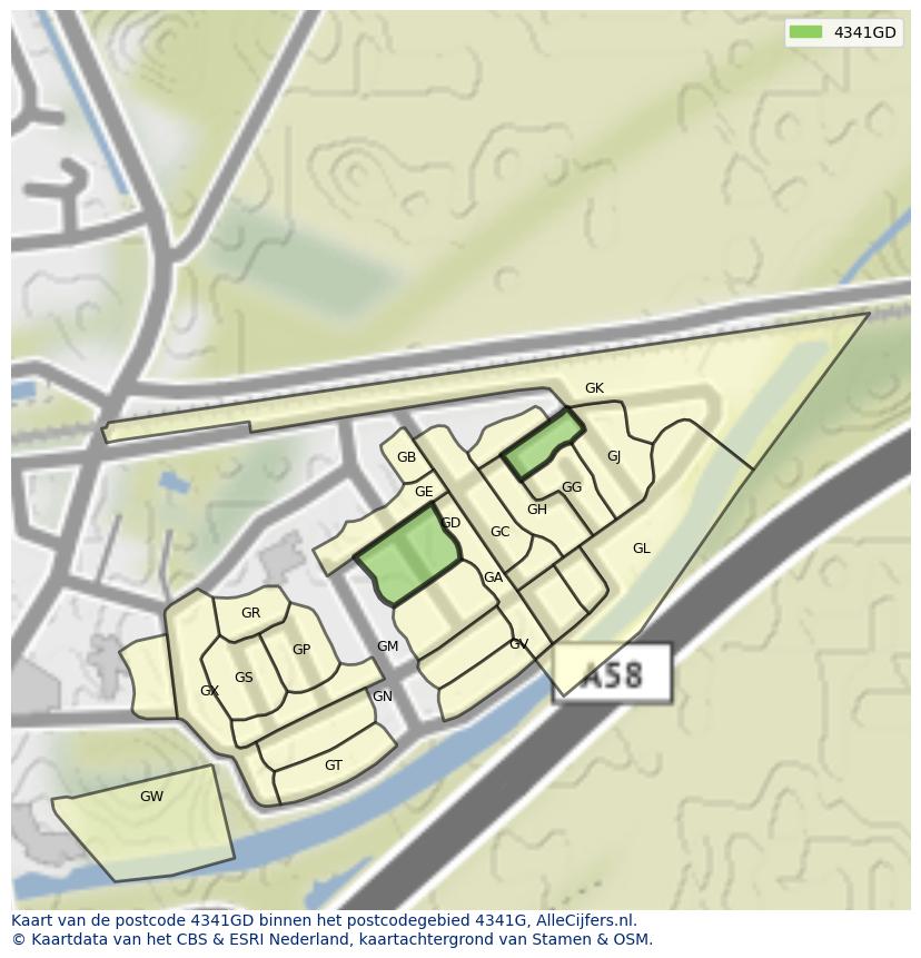 Afbeelding van het postcodegebied 4341 GD op de kaart.