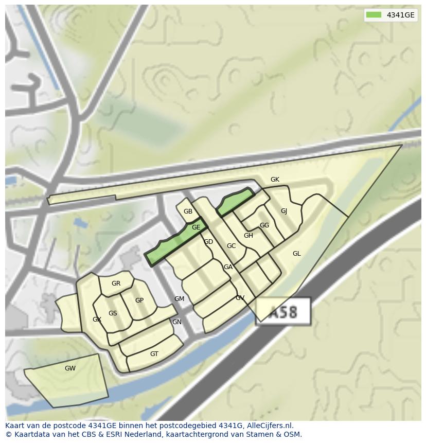 Afbeelding van het postcodegebied 4341 GE op de kaart.