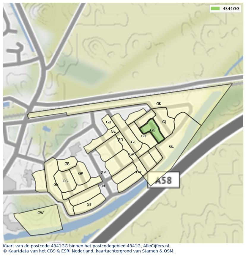 Afbeelding van het postcodegebied 4341 GG op de kaart.