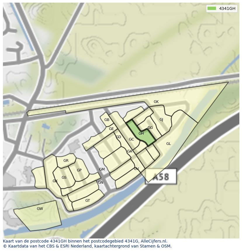Afbeelding van het postcodegebied 4341 GH op de kaart.