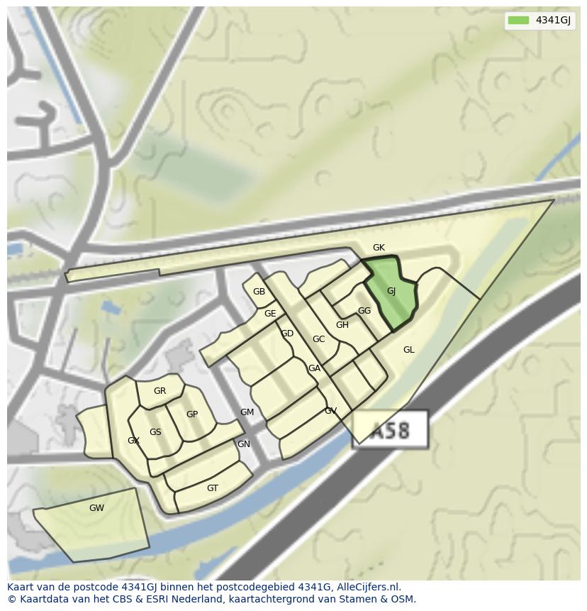 Afbeelding van het postcodegebied 4341 GJ op de kaart.