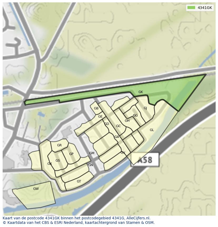 Afbeelding van het postcodegebied 4341 GK op de kaart.