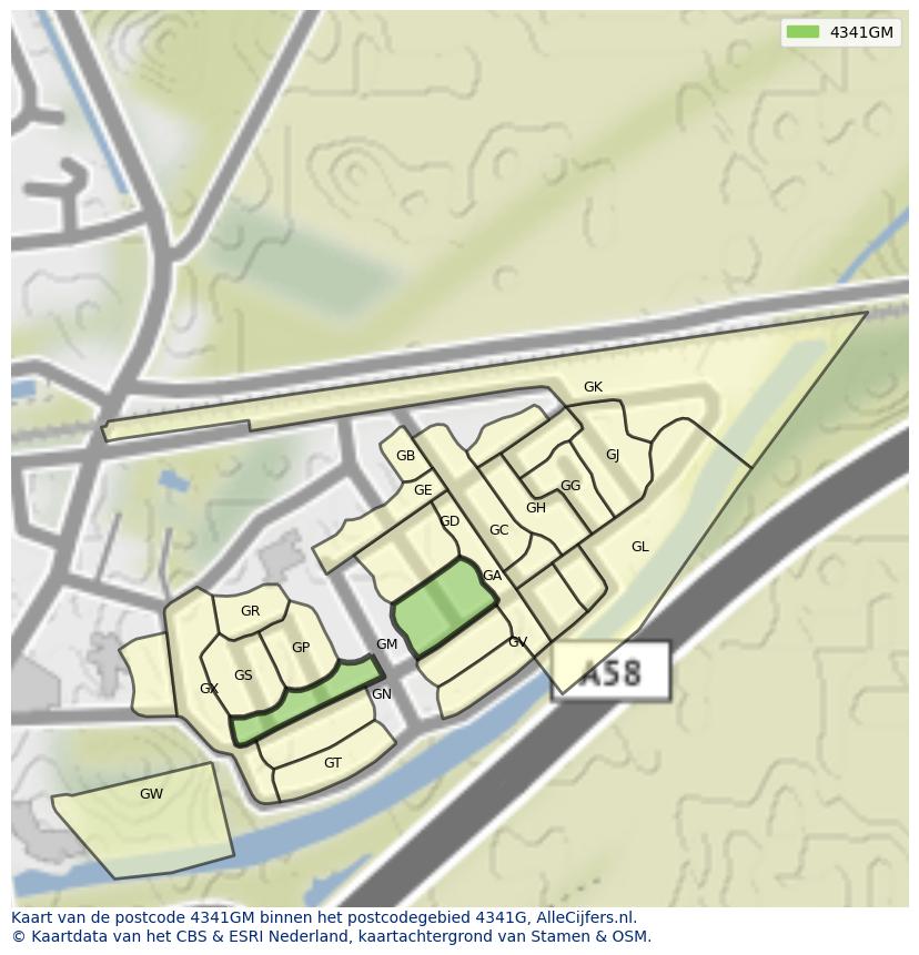 Afbeelding van het postcodegebied 4341 GM op de kaart.