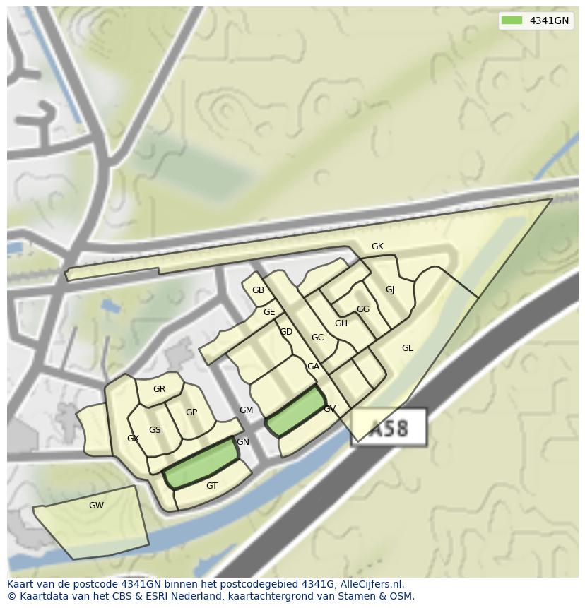 Afbeelding van het postcodegebied 4341 GN op de kaart.