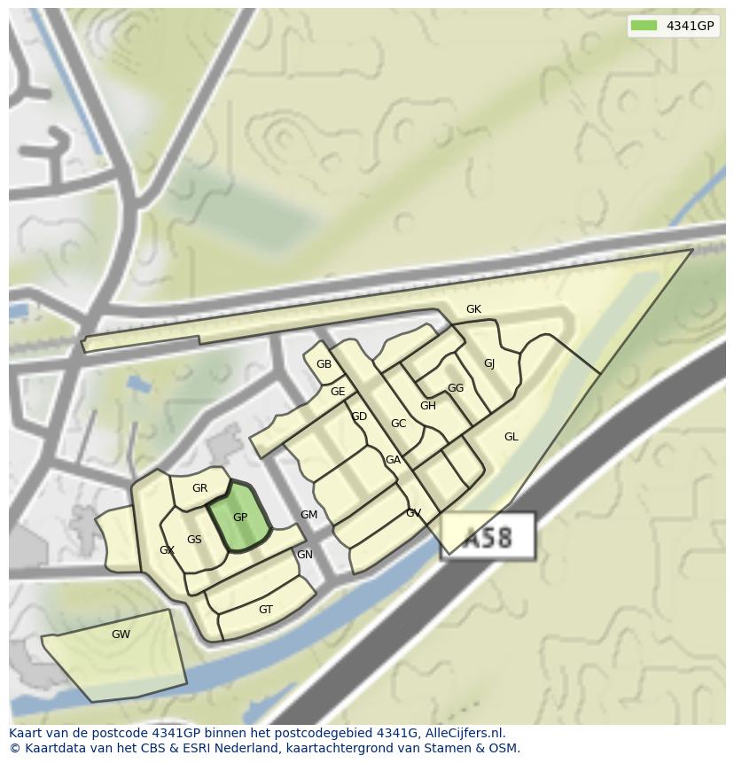 Afbeelding van het postcodegebied 4341 GP op de kaart.