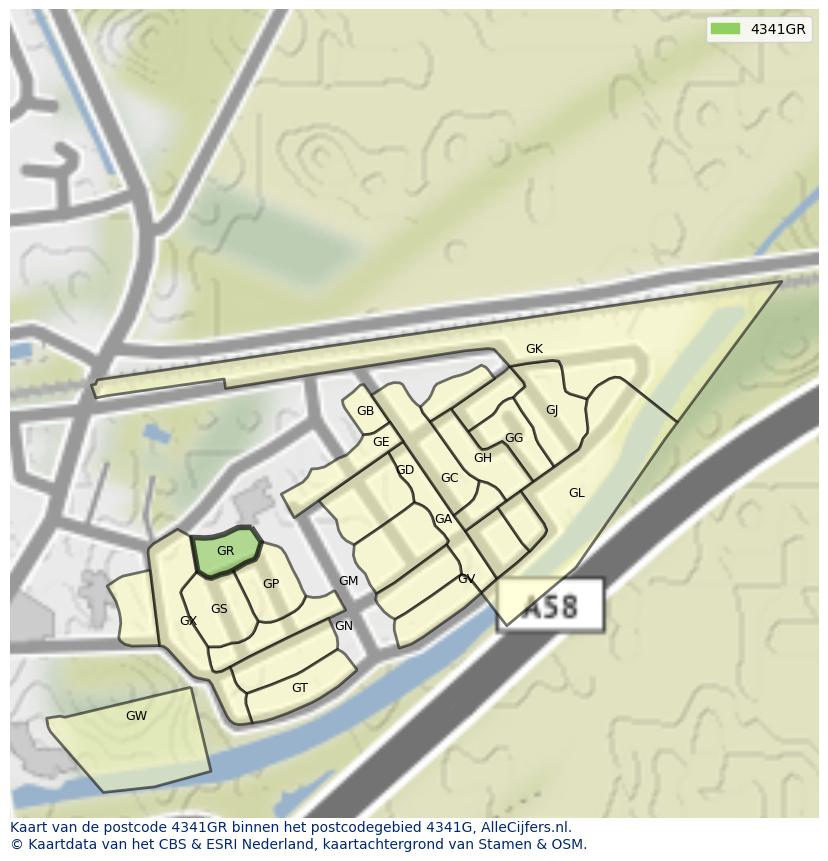 Afbeelding van het postcodegebied 4341 GR op de kaart.