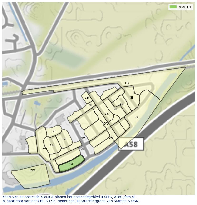 Afbeelding van het postcodegebied 4341 GT op de kaart.