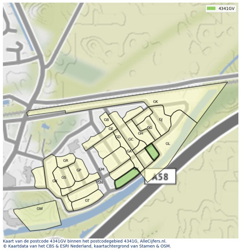 Afbeelding van het postcodegebied 4341 GV op de kaart.