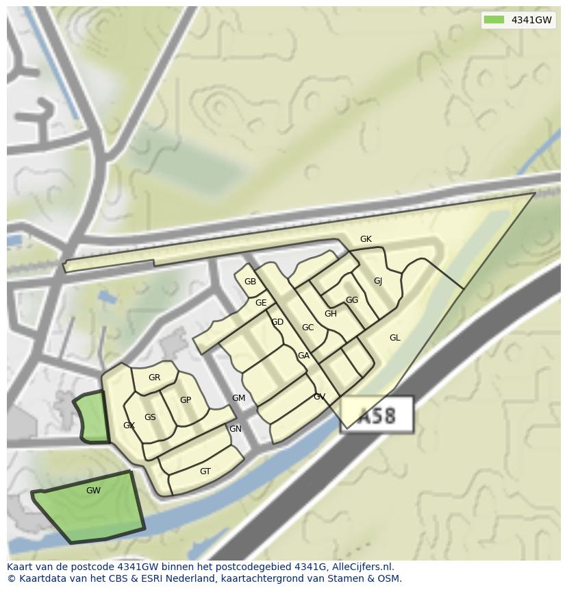 Afbeelding van het postcodegebied 4341 GW op de kaart.