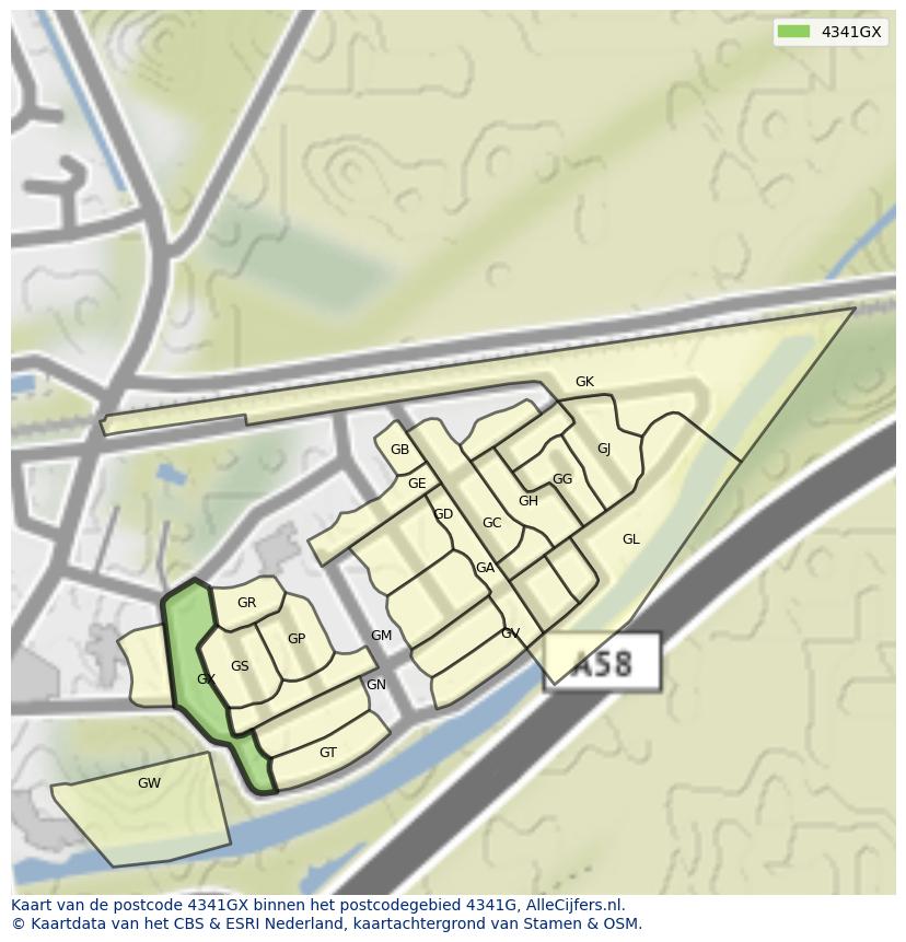 Afbeelding van het postcodegebied 4341 GX op de kaart.