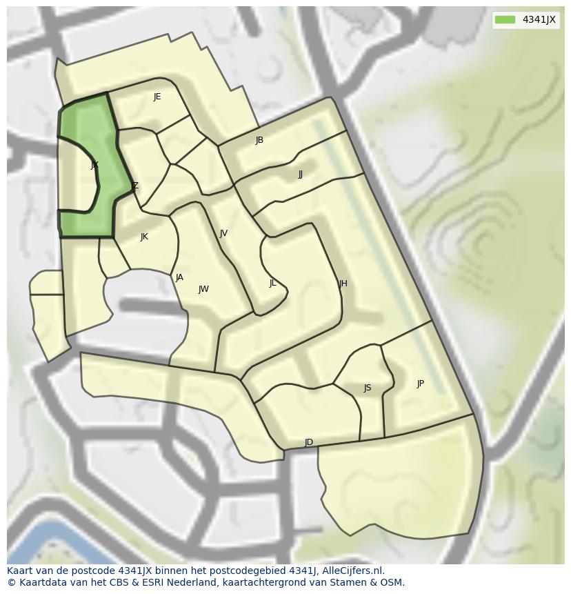 Afbeelding van het postcodegebied 4341 JX op de kaart.