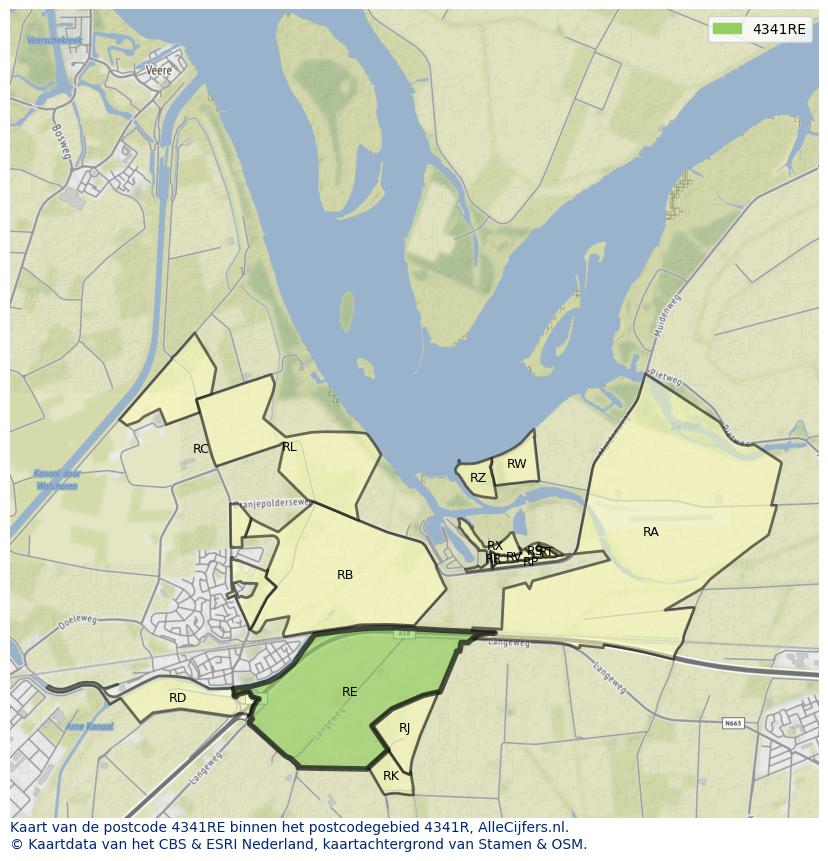 Afbeelding van het postcodegebied 4341 RE op de kaart.