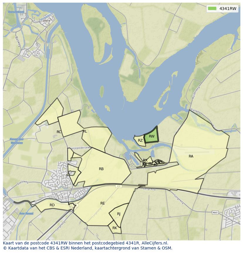 Afbeelding van het postcodegebied 4341 RW op de kaart.