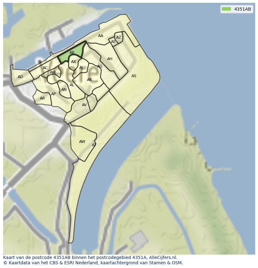 Afbeelding van het postcodegebied 4351 AB op de kaart.