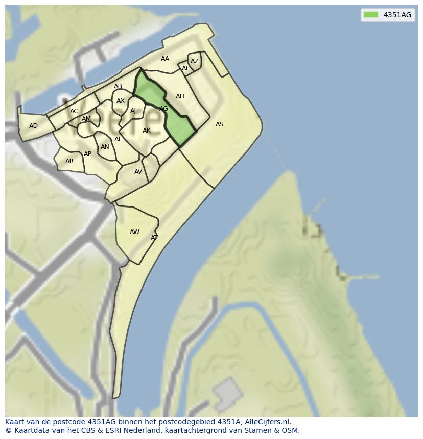 Afbeelding van het postcodegebied 4351 AG op de kaart.