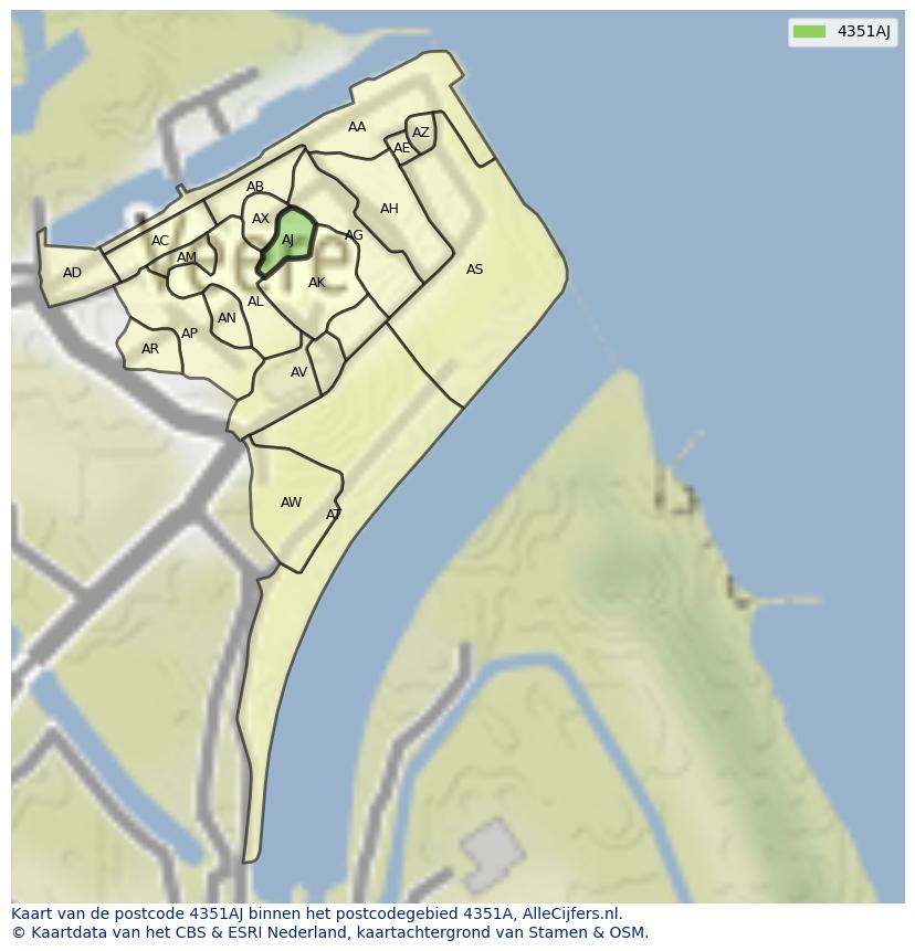 Afbeelding van het postcodegebied 4351 AJ op de kaart.