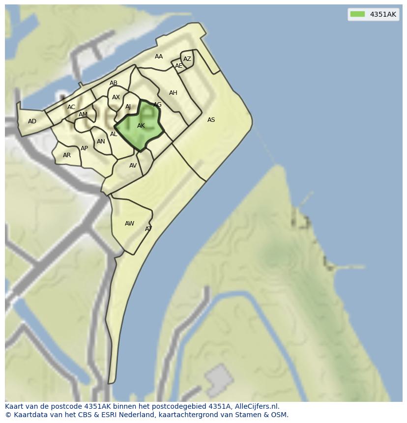 Afbeelding van het postcodegebied 4351 AK op de kaart.