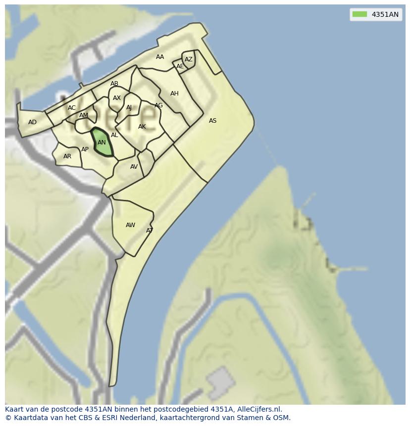 Afbeelding van het postcodegebied 4351 AN op de kaart.