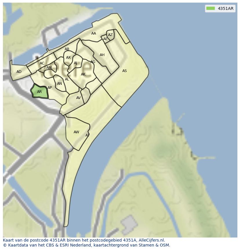 Afbeelding van het postcodegebied 4351 AR op de kaart.