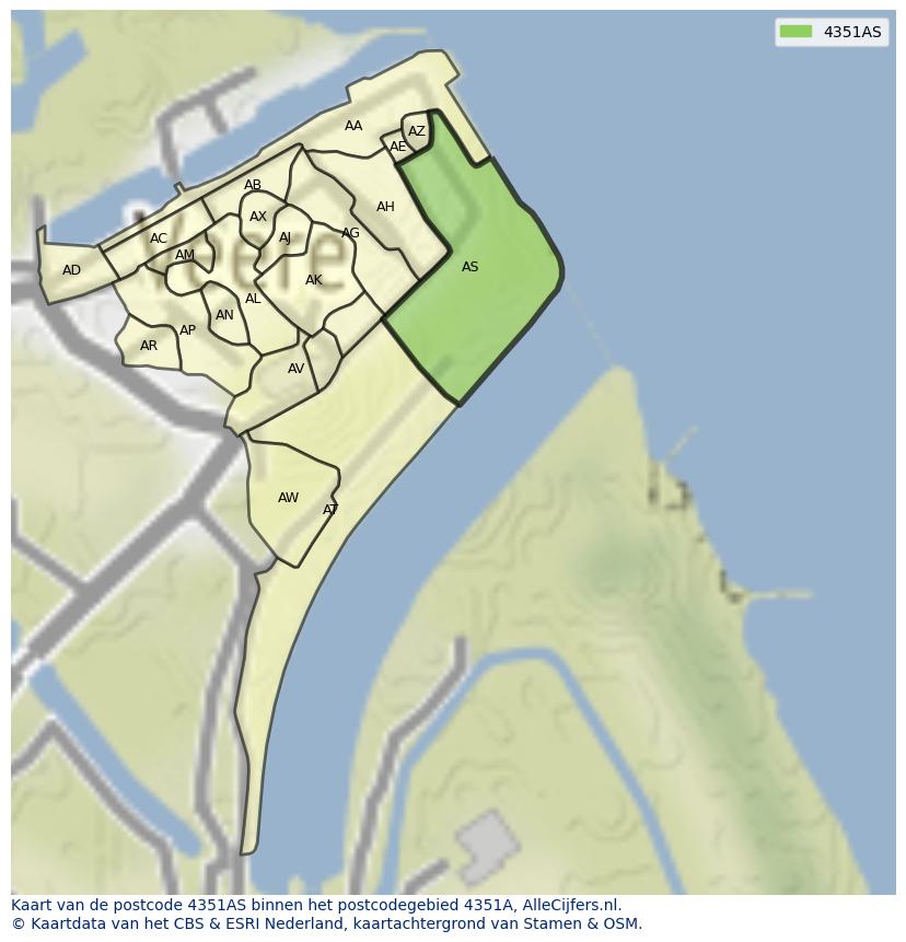 Afbeelding van het postcodegebied 4351 AS op de kaart.