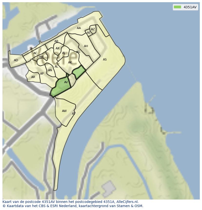 Afbeelding van het postcodegebied 4351 AV op de kaart.